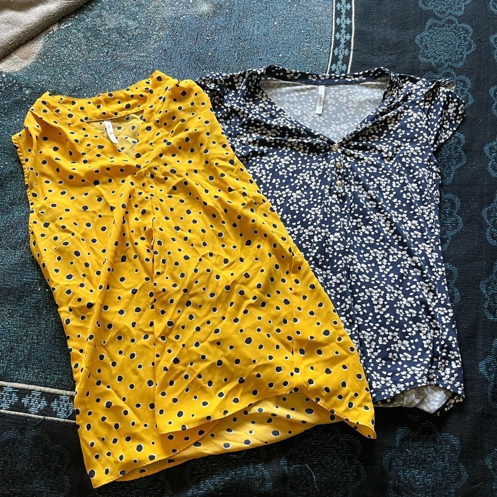2PC Set of Two DNA Couture Blouses Elegant Tops SZ S Yellow and Blue Pack Polka